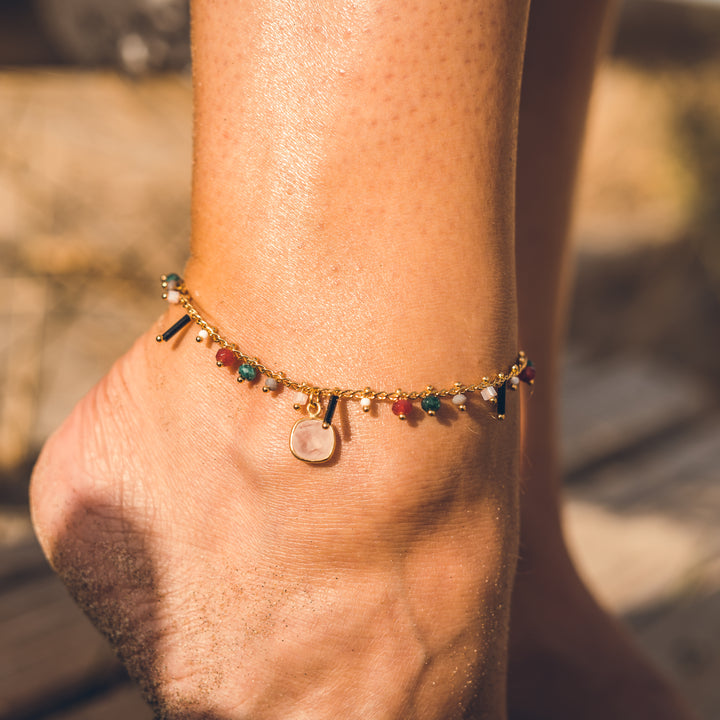 bracelet de cheville agate verte et quartz rose Lolita